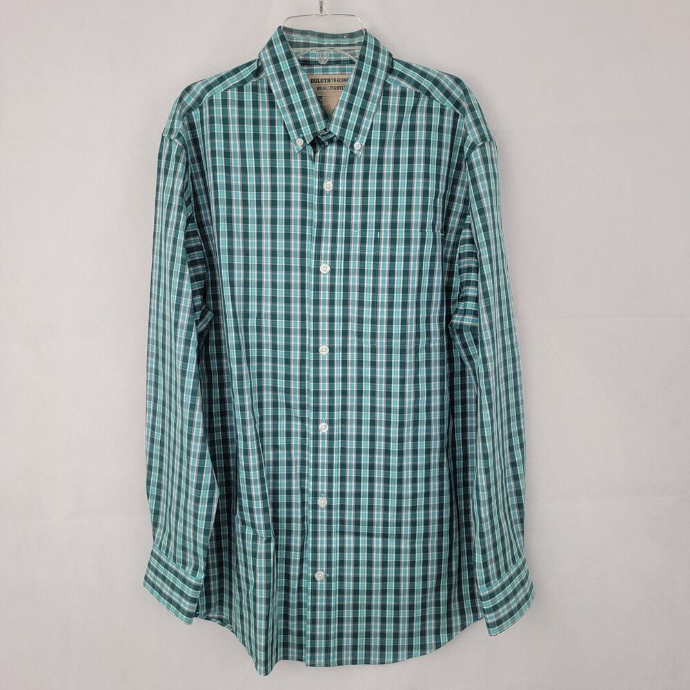 DULUTH TRADING Mens Wrinkle Fighter Relaxed Fit Shirt SMALL Plaid GREEN Button